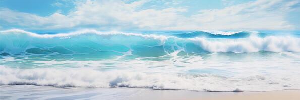 ai generato bellissimo sabbioso spiaggia e morbido blu oceano onda realistico fotografia foto