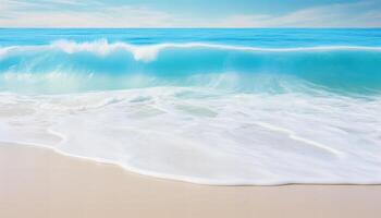 ai generato bellissimo sabbioso spiaggia e morbido blu oceano onda realistico fotografia foto