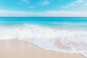 ai generato bellissimo sabbioso spiaggia e morbido blu oceano onda realistico fotografia foto