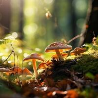 ai generato avvicinamento fotografia di foresta funghi foto
