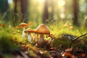 ai generato avvicinamento fotografia di foresta funghi foto