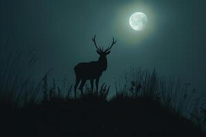ai generato cervo silhouette su un' collina nel il chiaro di luna, mondo natura giorno foto