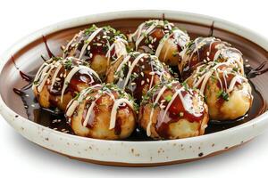 ai generato takoyaki servito su un' piatto isolato su un' bianca sfondo foto