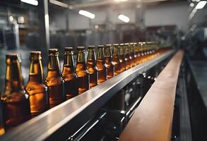 ai generato bandiera birra fabbrica di birra trasportatore. Marrone bicchiere alcool bottiglie mossa su produzione linea, moderno attrezzatura industriale bevanda con copia spazio foto