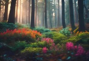 ai generato mistico foresta, pieno con colorato flora e fauna, invitante spettatori in un' magico mondo foto