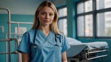 ai generato nazionale medici giorno, assistenza sanitaria concetto. di mezza età donna medico nel uniforme, sorridente femmina medico nel laboratorio cappotto con braccia attraversato contro, ai generativo foto