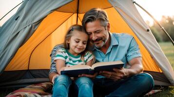 ai generato Il padre di giorno contento famiglia padre e bambino figlia lettura un' libro nel tenda a casa foto