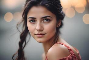 ai generato bellissimo ragazza ritratto, attraente giovane donna, fascino adolescenziale bella viso romantico signora, ai generativo foto