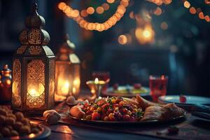 ai generato musulmano Ramadan mubarak iftar tavolo Spettacoli Ramadan Alimenti e lanterna leggero con santo mese eid mubarak concetto sfondo foto