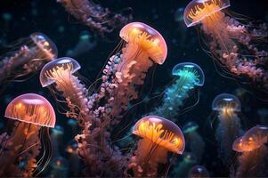 ai generato Medusa nel il acqua Medusa nel il acqua subacqueo Visualizza di un' rosso e bianca Medusa, colorato Medusa galleggiante nel acqua foto