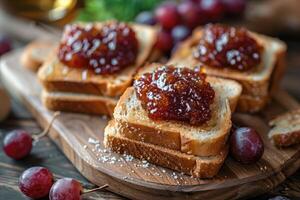 ai generato toast con frutta marmellata su cucina tavolo professionale pubblicità cibo fotografia foto