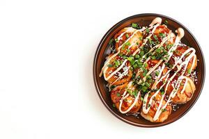 ai generato takoyaki servito su un' piatto isolato su un' bianca sfondo foto
