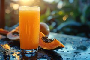 ai generato bicchiere di papaia succo su tavolo nel bar, avvicinamento. foto