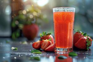 ai generato bicchiere di fragola succo è su il tavolo. avvicinamento foto