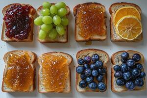 ai generato toast con frutta marmellata su cucina tavolo professionale pubblicità cibo fotografia foto