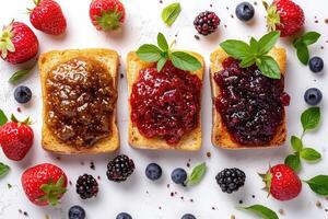 ai generato toast con frutta marmellata su cucina tavolo professionale pubblicità cibo fotografia foto