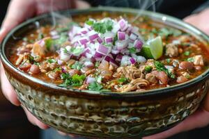 ai generato Pozole messicano cibo nel il cucina tavolo professionale pubblicità cibo fotografia foto