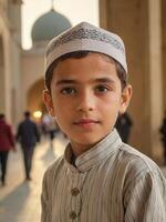 ai generato cattura gioia cinematico ritratto di un' contento musulmano bambino generato di ai foto