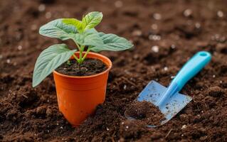 ai generato giardinaggio utensili su il terra foto