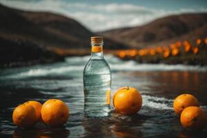 ai generato ai generato arance nel tranquillo acque un' cinematico ambientale manifesto foto