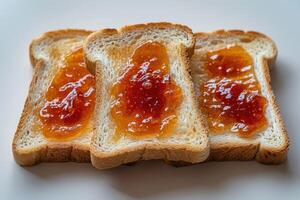 ai generato toast con frutta marmellata su cucina tavolo professionale pubblicità cibo fotografia foto