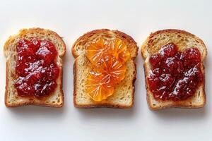 ai generato toast con frutta marmellata su cucina tavolo professionale pubblicità cibo fotografia foto