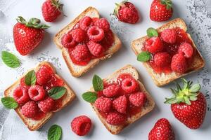 ai generato toast con frutta marmellata su cucina tavolo professionale pubblicità cibo fotografia foto