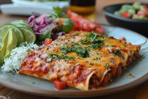 ai generato enchiladas messicano cibo nel il cucina tavolo professionale pubblicità cibo fotografia foto