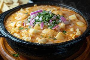 ai generato Pozole messicano cibo nel il cucina tavolo professionale pubblicità cibo fotografia foto