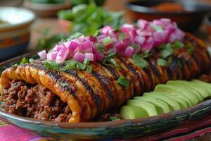 ai generato enchiladas messicano cibo nel il cucina tavolo professionale pubblicità cibo fotografia foto