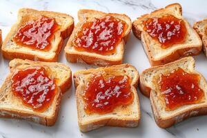 ai generato toast con frutta marmellata su cucina tavolo professionale pubblicità cibo fotografia foto