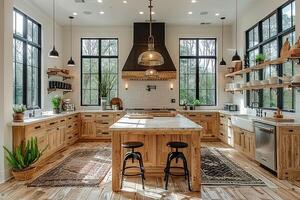 ai generato interno design di un' moderno agriturismo cucina con di legno armadietti e galleggiante scaffali stile fotografia foto