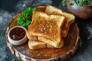 ai generato toast con frutta marmellata su cucina tavolo professionale pubblicità cibo fotografia foto