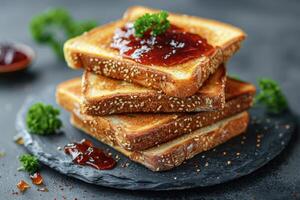 ai generato toast con frutta marmellata su cucina tavolo professionale pubblicità cibo fotografia foto