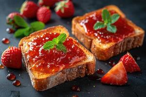 ai generato toast con frutta marmellata su cucina tavolo professionale pubblicità cibo fotografia foto