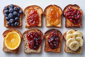 ai generato toast con frutta marmellata su cucina tavolo professionale pubblicità cibo fotografia foto