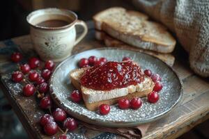 ai generato toast con frutta marmellata su cucina tavolo professionale pubblicità cibo fotografia foto