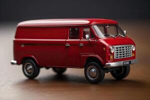 ai generato miniatura rosso giocattolo camion su legna foto