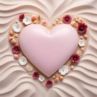 ai generato rosa cuore decorato di perle e secco fiori su bianca sabbia, astratto illustrazione, carino design per nozze, san valentino giorno, emotivo sostegno, compleanno, anniversario, amicizia foto