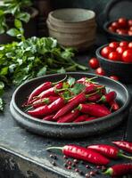 ai generato rosso caldo chili peperoni su nero piatto foto