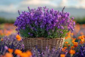 ai generato lavanda fiori nel cestino nel campo foto