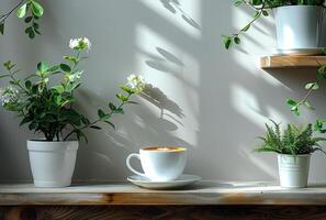 ai generato tazza di caffè si siede su di legno mensola con pianta e vaso di fiori foto