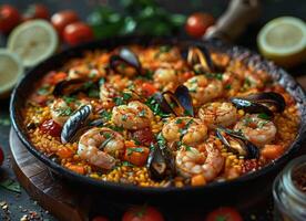 ai generato tradizionale frutti di mare paella nel il friggere padella su di legno vecchio tavolo foto