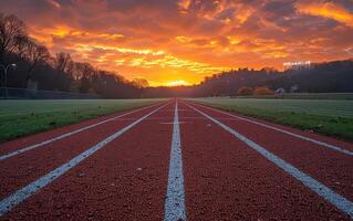 ai generato traccia e campo a tramonto. un' tramonto su un' traccia a calcio stadio foto