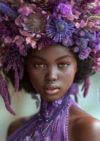ai generato giovane donna con ghirlanda di viola fiori e paillettes su sua testa. foto