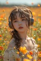 ai generato carino poco ragazza è ascoltando per musica nel il fiore campo foto