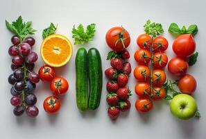 ai generato fresco frutta e verdure su bianca sfondo foto