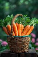 ai generato fresco biologico carote nel cestino foto