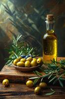 ai generato oliva olio e oliva ramo su il di legno tavolo e sfondo foto