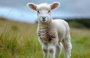 ai generato piccolo agnello sembra a il telecamera nel erboso campo foto